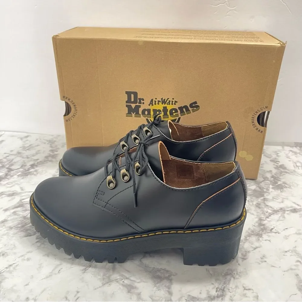 Dr. MARTENS Leona Lo Size 11 Smooth Leather Lug Sole Heeled Derby Shoe, Black